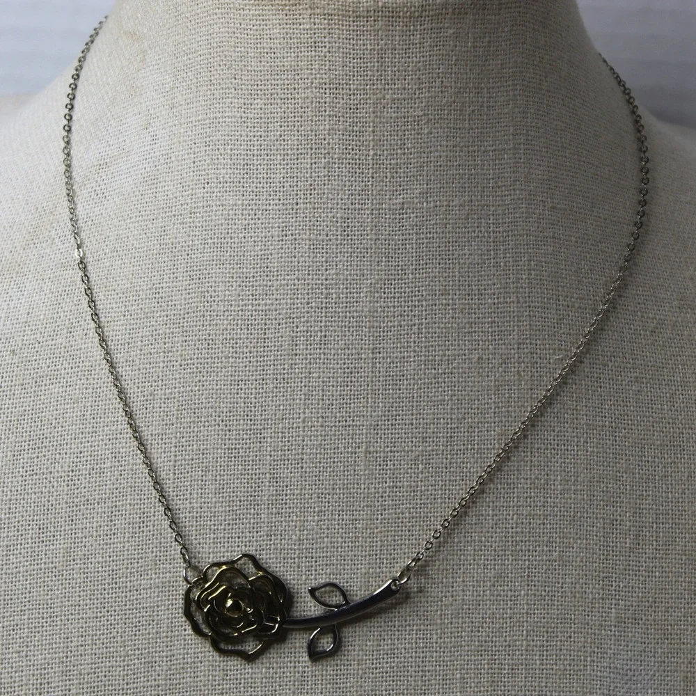 Rose Pendant Necklace Two Tone Gold Silver Plated Flower 21